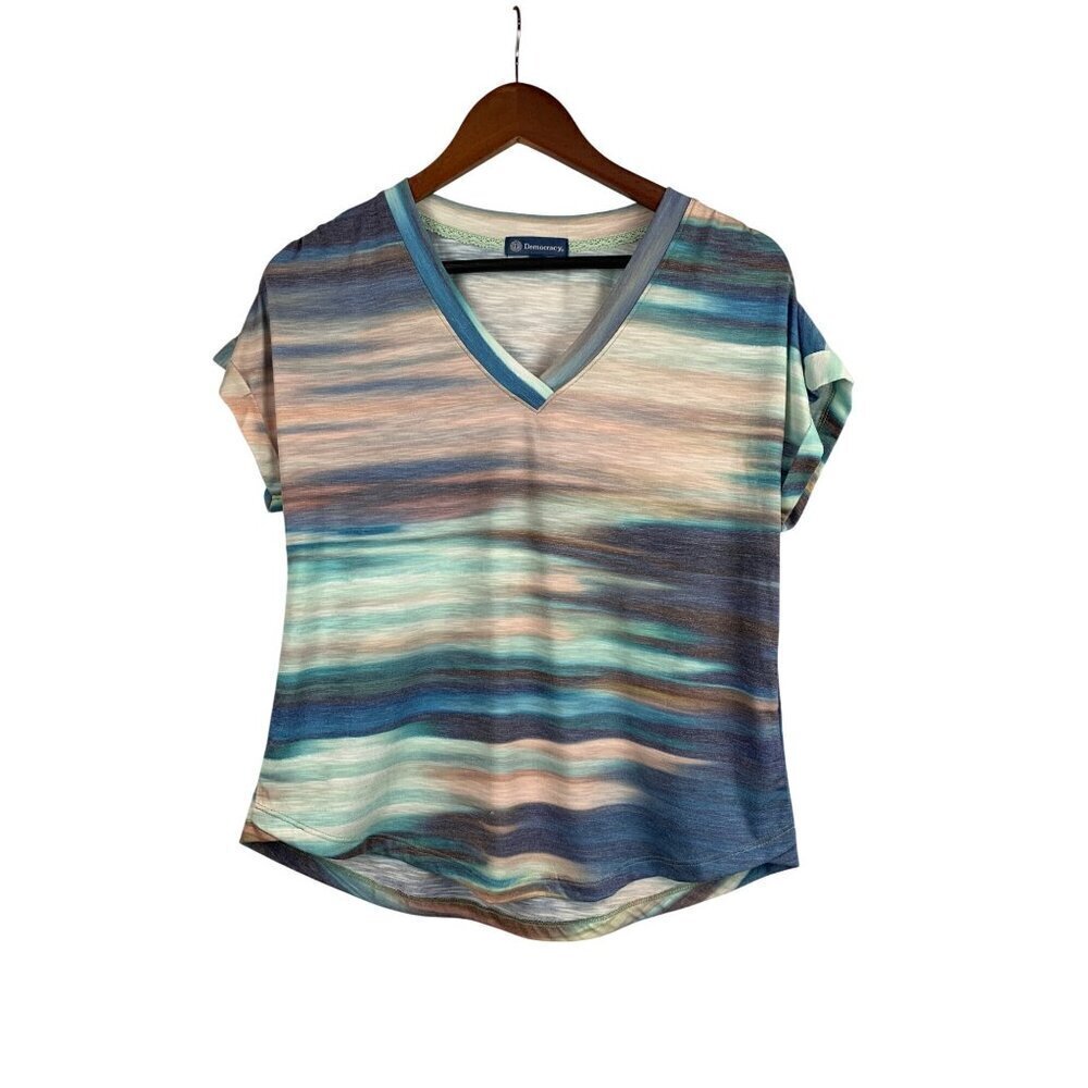 Democracy Womens S V-Neck Multicolor Short Sleeve Top